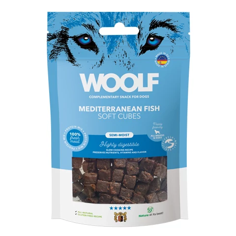 RD5007 Kutya és macska jutalomfalat - Woolf FŐTT Mediterrán halkockák - monoprotein 100g