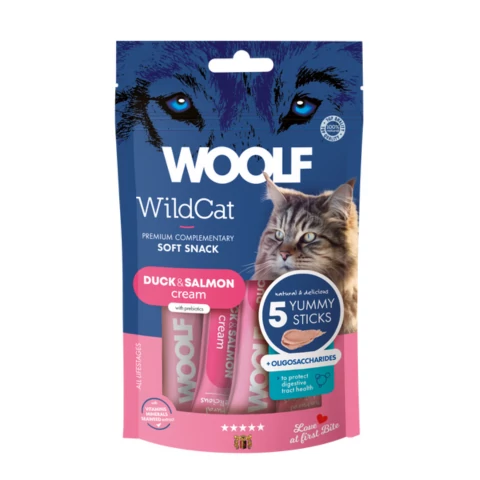 RD5203 Macska jutalomfalat - Woolf Wildcat Krémsnack - kacsa & lazac + oligoszacharidok 5x14g