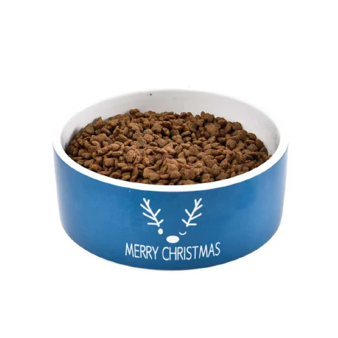 BK15604 Kerámia kutyatál Merry Christmas fehér/kék 16cm
