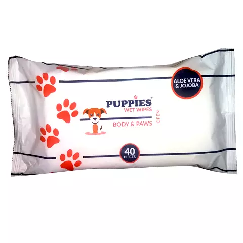 PC009 Puppies szőr és mancs ápoló antibakteriális, illatos törlőkendő aloe verával és jojobával 20x16cm 40db/csomag